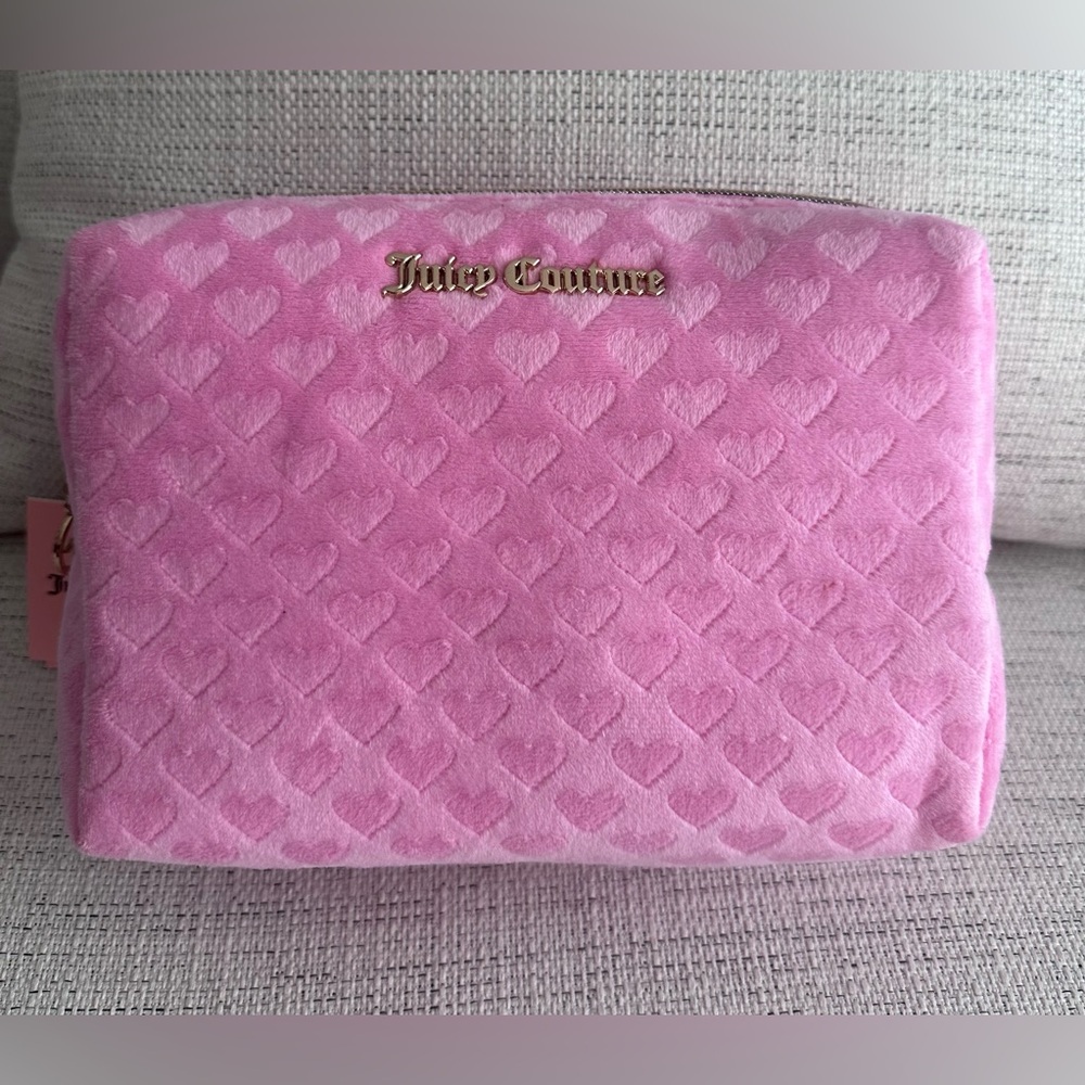 Juicy Couture Pink Heart  Velour Wedge Travel Makeup Bag with toiletry bottle